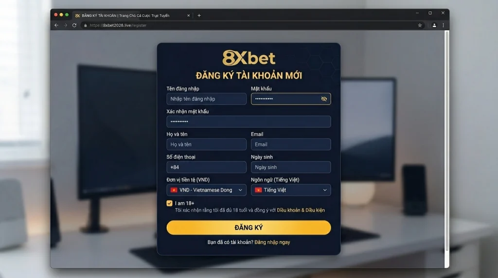 Biểu mẫu đăng ký 8xbet trên máy tính hiển thị các trường tên đăng nhập, mật khẩu, đơn vị tiền tệ và ngôn ngữ